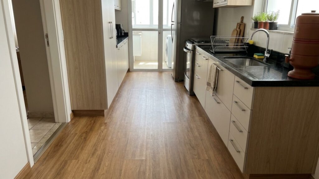 Morador coloca piso vinílico na cozinha para renovar sem quebradeira e descobre por que o material não pode ficar com água empoçada nem muito perto do calor do fogão