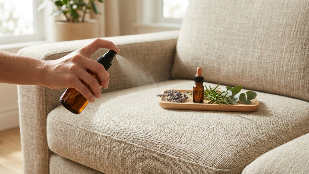 Borrifar essa mistura suave de essências nas cortinas e estofados afasta pernilongos e mantém os cômodos perfumados por horas