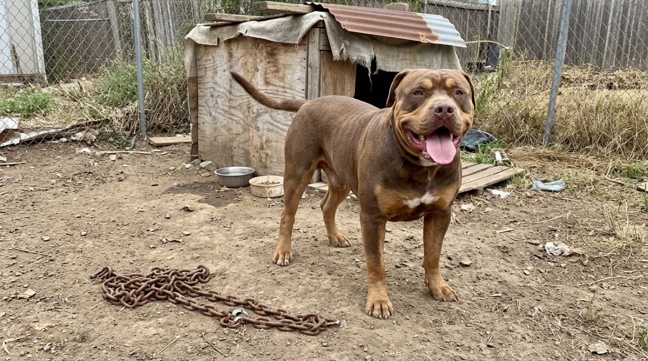 Cão gigante vive preso a uma corrente pesada, mas surpreende os socorristas com uma reação emocionante quando finalmente é libertado