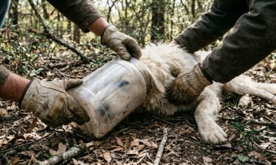 Cachorro passa 7 dias preso em um pote de plástico e mobiliza resgate com drone após uma semana de sofrimento