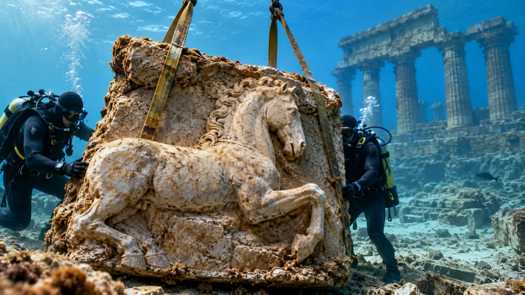 Mergulhadores encontram a 9 metros de profundidade um cavalo de 2.500 anos ligado ao colossal Templo de Zeus
