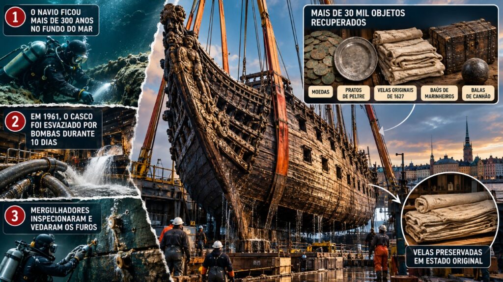 O navio de guerra sueco Vasa afundou em sua viagem inaugural em 1628 e permaneceu submerso por séculos antes de ser recuperado quase intacto