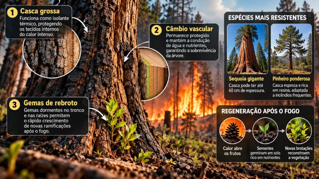 Por que algumas árvores sobrevivem a incêndios florestais que destroem a vegetação ao redor e quais características protegem seus troncos
