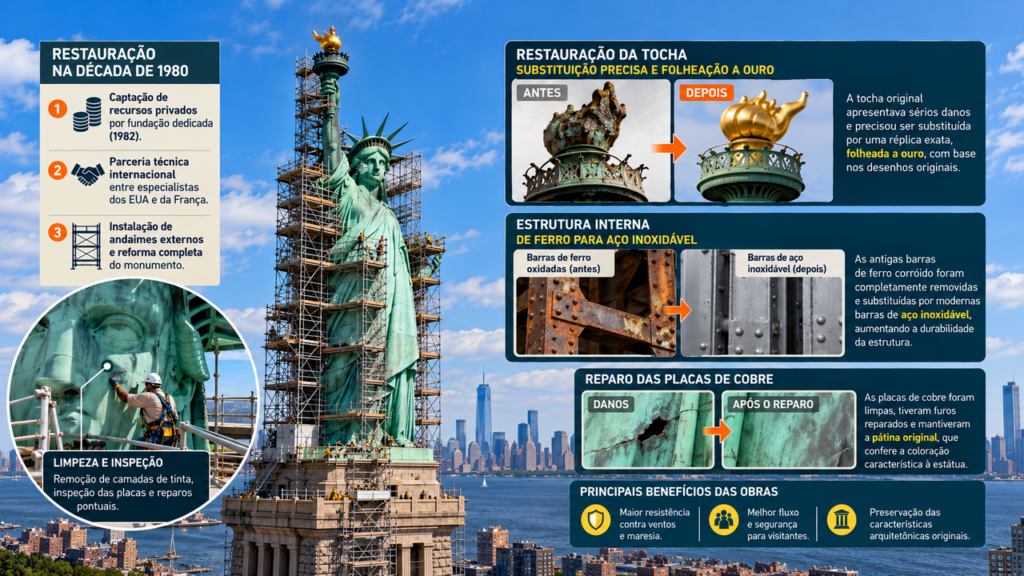 Inaugurada em 1886, a Estátua da Liberdade atravessou quase 140 anos de história, enfrentou tempestades e problemas de conservação, recebeu grandes obras de restauração e continua dominando a entrada do porto de Nova York como um dos monumentos mais conhecidos do mundo, com uma estrutura metálica projetada para sustentar seu revestimento de cobre