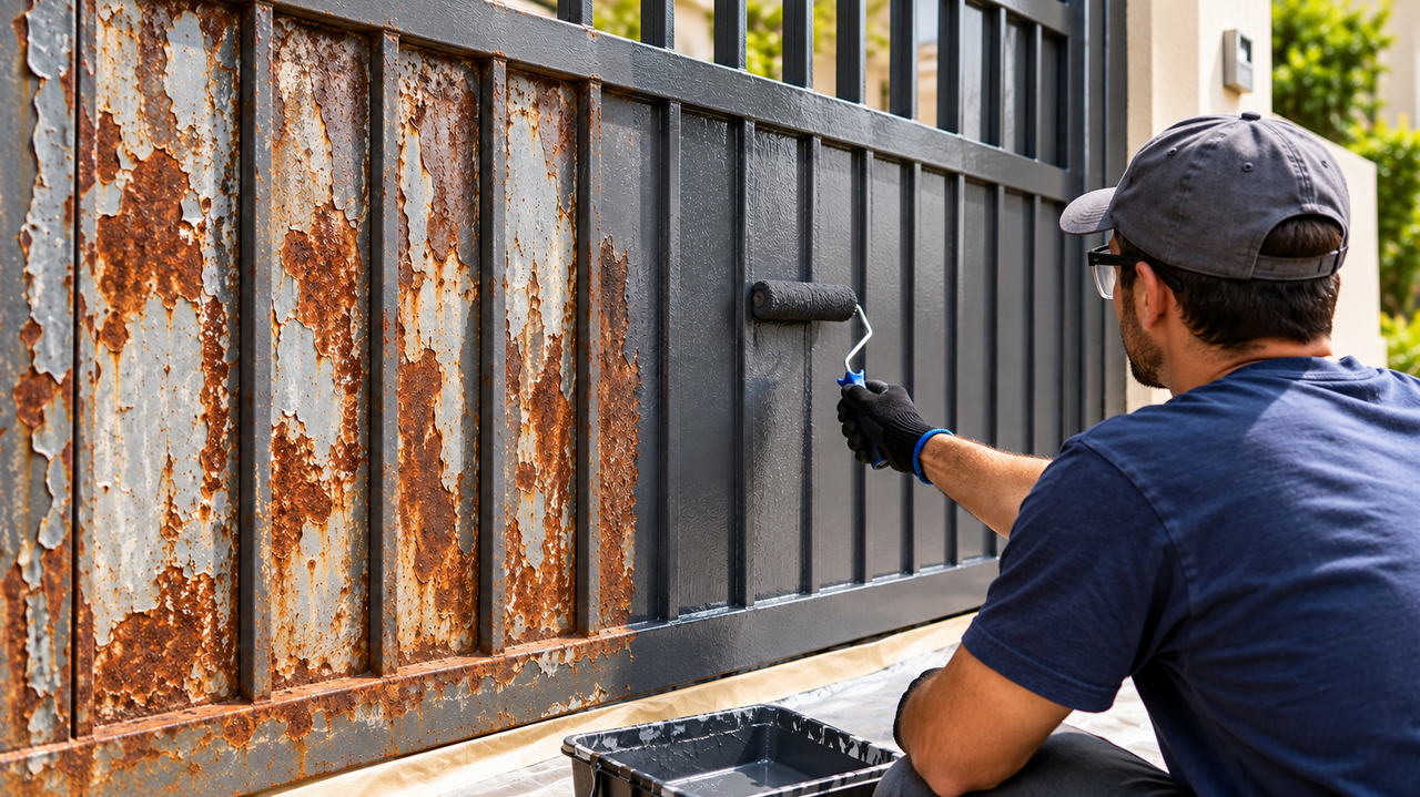 Antes de trocar o portão enferrujado, veja esta alternativa: preparação e pintura podem renovar a entrada da casa e transformar completamente a fachada sem precisar comprar uma estrutura nova