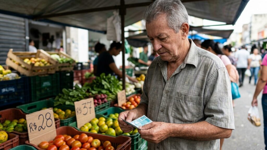 Um aposentado foi à feira com R$ 100, gastou R$ 28 em frutas e R$ 37 em verduras: quanto dinheiro sobra no bolso?