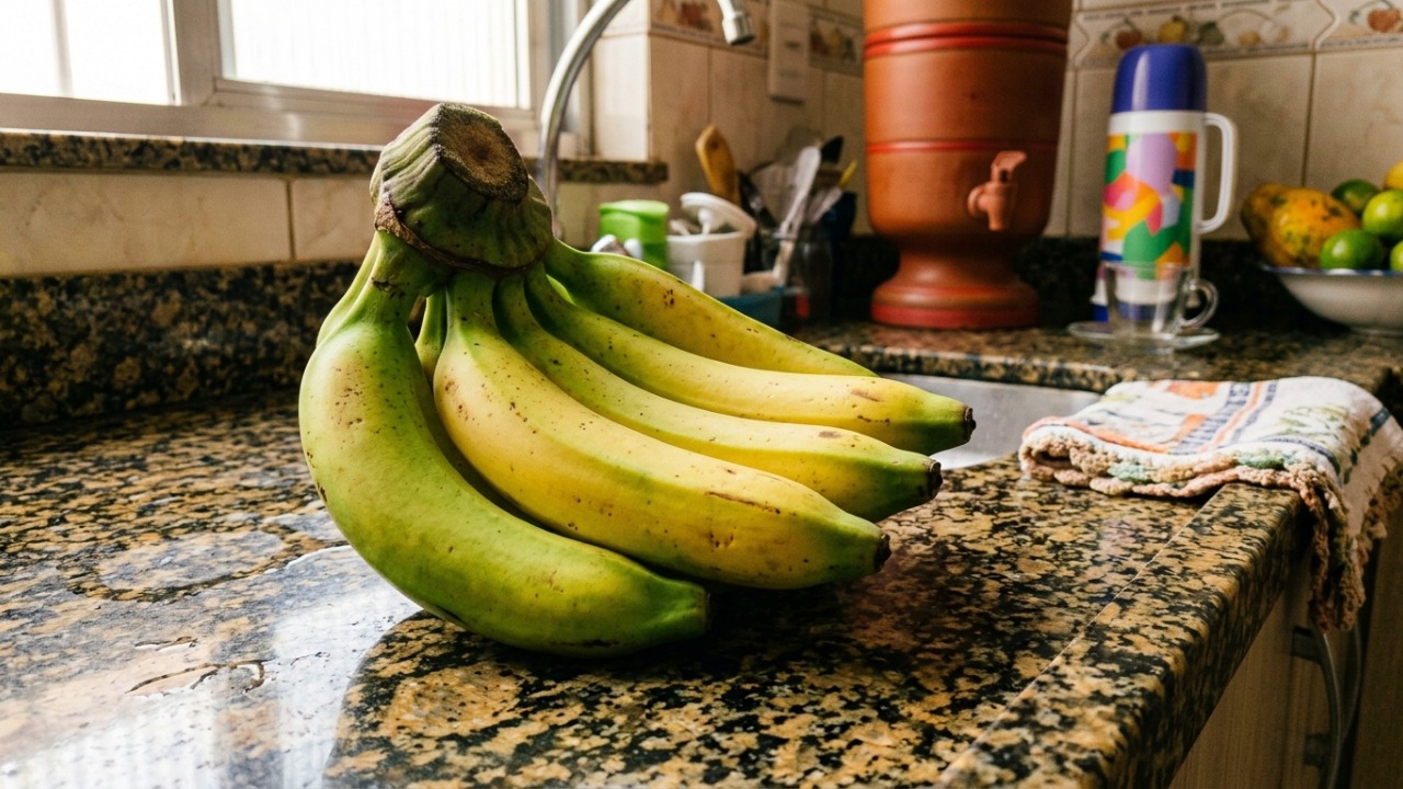 Vendedores de frutas explicam: “Se você quer que a banana verde amadureça mais rápido, não a deixe completamente isolada das frutas maduras, pois um gás natural liberado por elas pode acelerar o processo”