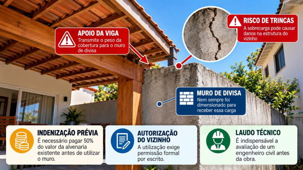 Proprietário constrói uma varanda encostada no muro do vizinho para economizar material e descobre quais cuidados precisa tomar antes de usar uma estrutura que não foi feita para suportar o novo telhado