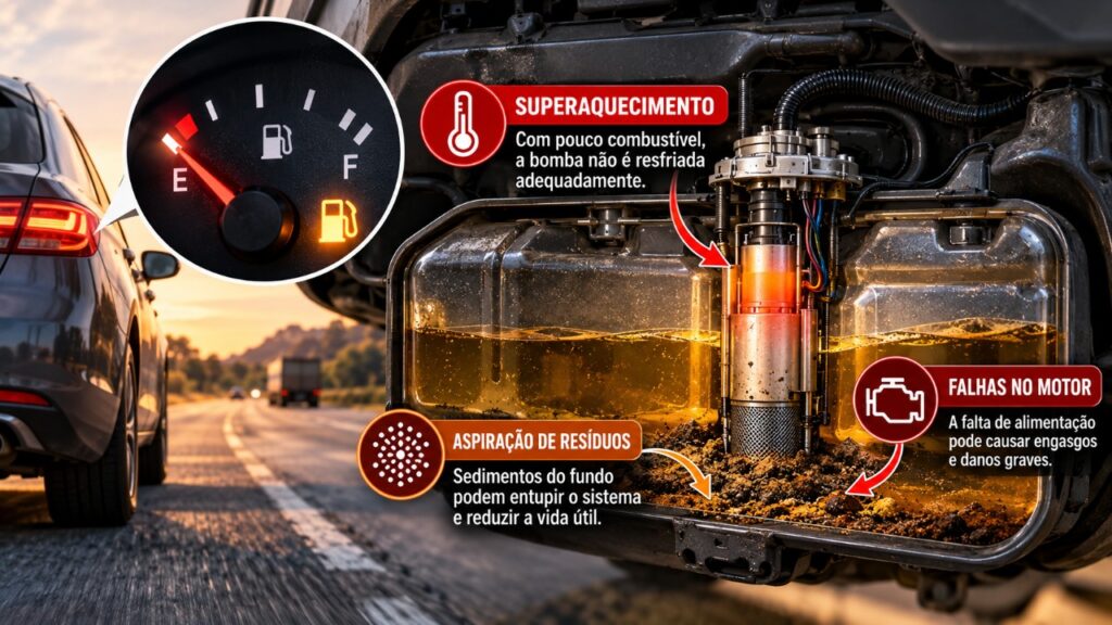 Dono de carro abastece sempre depois de percorrer longas distâncias com o motor quase sem combustível e descobre como a falta de abastecimento, as condições da bomba e a autonomia restante podem aumentar o risco de ficar parado no caminho