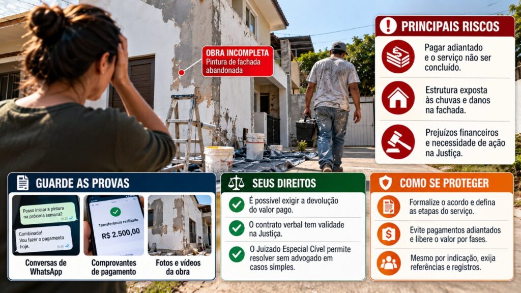 Idoso contrata pintor por indicação para renovar a fachada da casa por R$ 12 mil, paga R$ 7 mil adiantados via Pix e o profissional desaparece após raspar as paredes, deixando o imóvel exposto à chuva e descobrindo que comprovantes de pagamento e conversas podem ajudar a buscar o dinheiro de volta