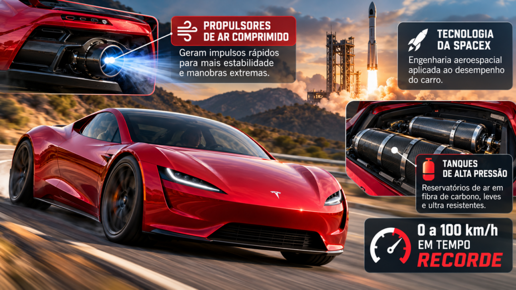 Tesla apresenta o Roadster com proposta de “carro voador”, tecnologia aeroespacial e aceleração extrema em uma tentativa de reconquistar fãs e recuperar o prestígio da marca