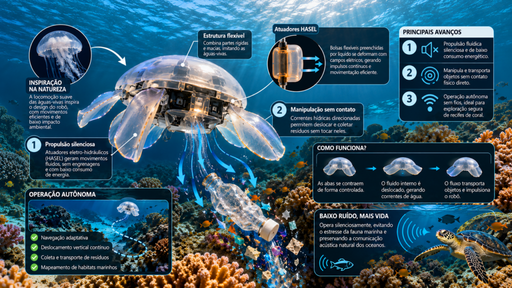 Robô inspirado em águas-vivas chama a atenção ao se movimentar debaixo d’água sem hélices convencionais usando movimentos suaves que podem ajudar a desenvolver equipamentos para explorar ambientes marinhos