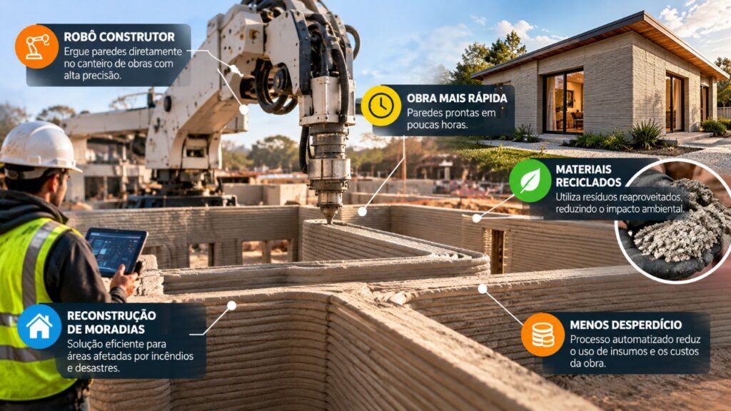 Mulher que perdeu tudo em um incêndio aposta em robôs que constroem paredes com impressão 3D e mostra como essa tecnologia pode transformar a reconstrução de casas