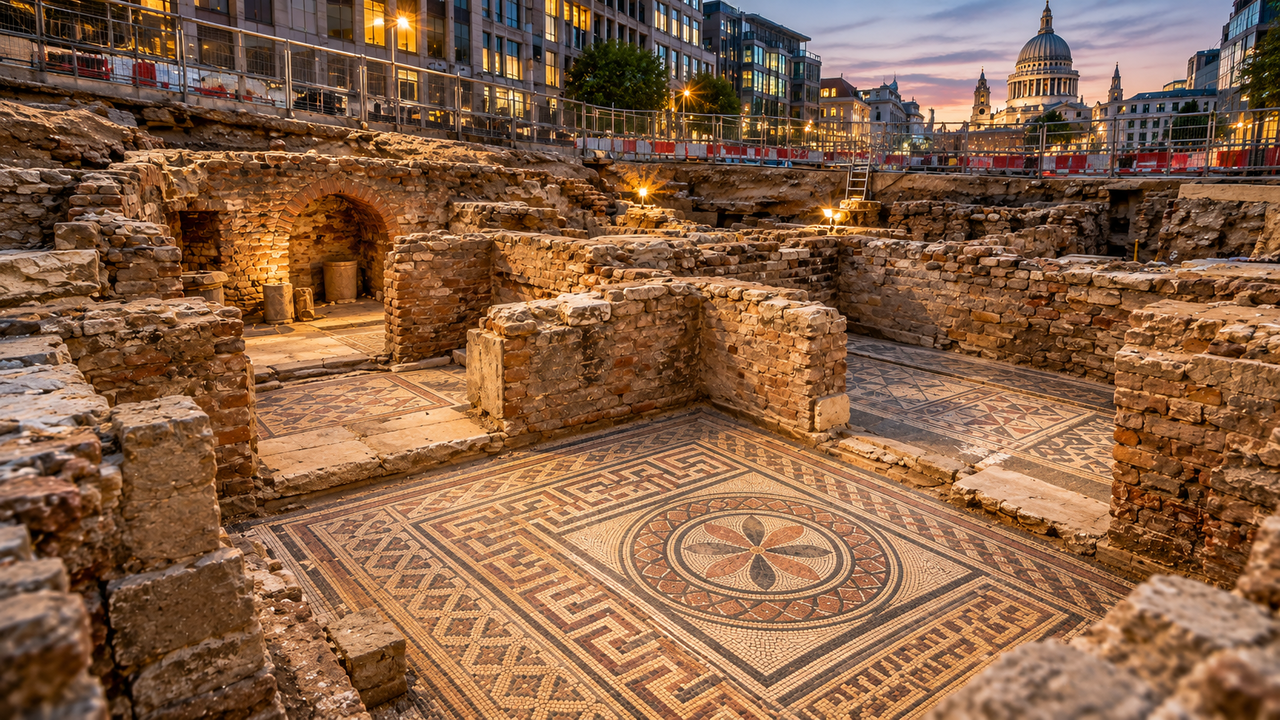 Uma obra em Londres revelou sete salas escondidas por quase 2.000 anos, com pisos ornamentados e objetos do século II que podem estar ligados à administração romana