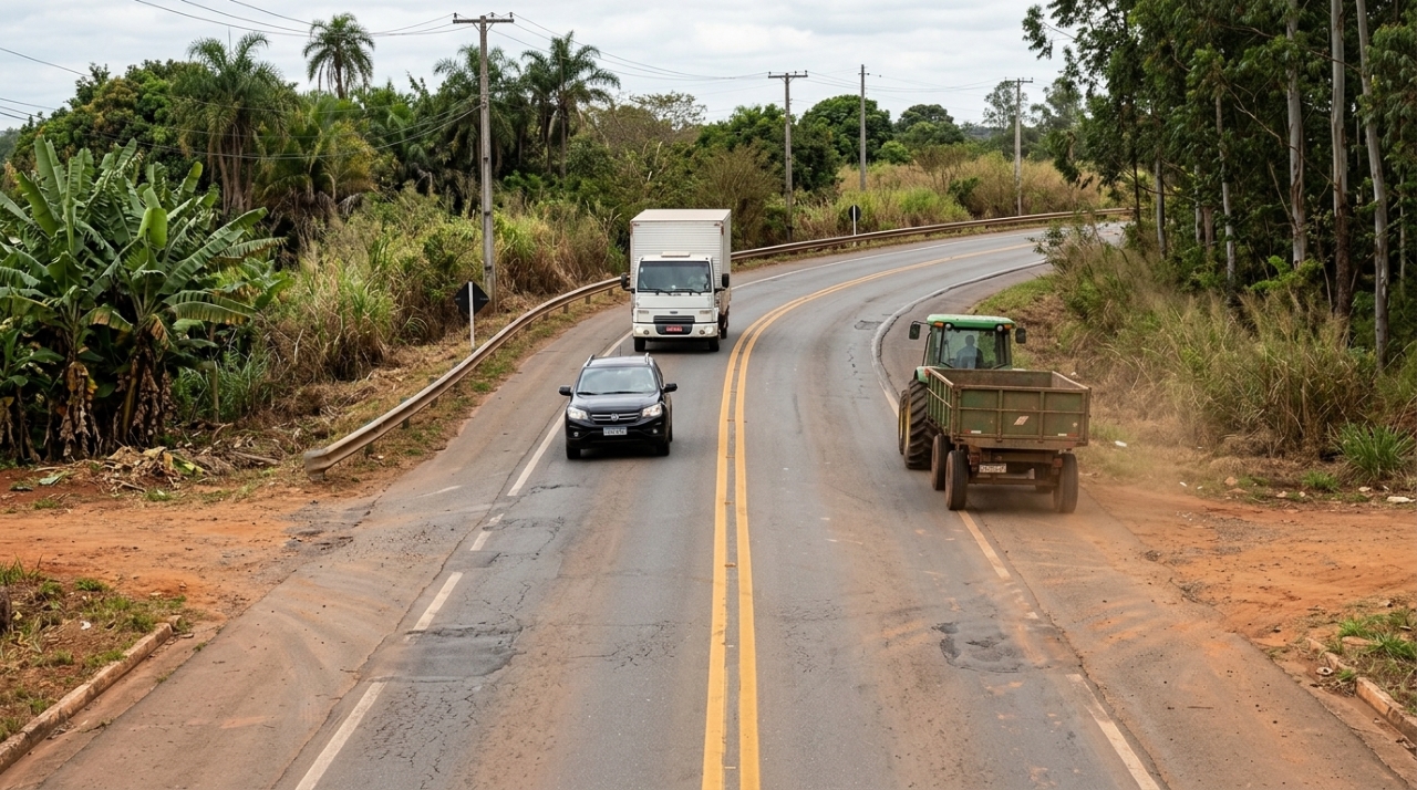 Carro preto ultrapassa trator verde em rodovia de pista simples com faixa dupla amarela contínua, enquanto caminhão se aproxima no sentido contrário. - Imagem ilustrativa criada por inteligência artificial