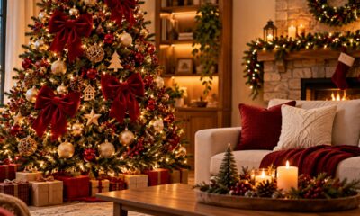 Família decide mudar a decoração da árvore de Natal, deixa de lado as tradicionais bolas coloridas e aposta em laços grandes de tecido, enfeites artesanais e luzes amarelas para transformar a sala em um ambiente mais elegante, acolhedor e moderno durante as festas de fim de ano