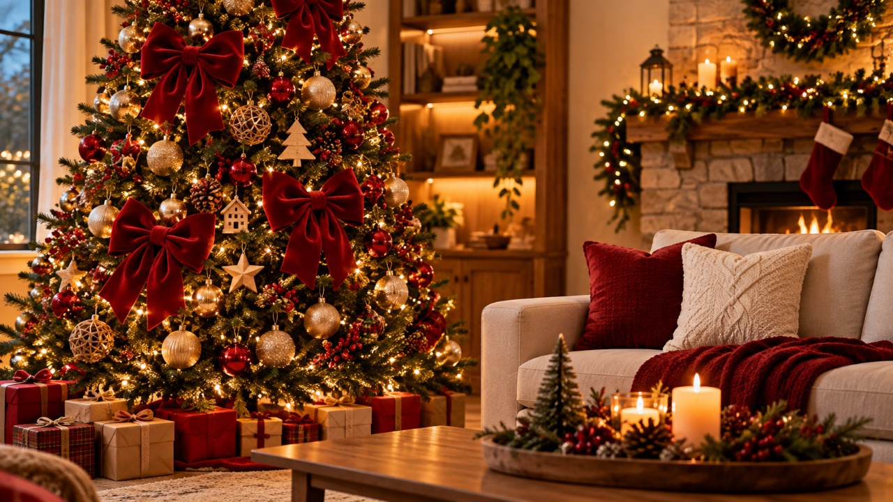 Família decide mudar a decoração da árvore de Natal, deixa de lado as tradicionais bolas coloridas e aposta em laços grandes de tecido, enfeites artesanais e luzes amarelas para transformar a sala em um ambiente mais elegante, acolhedor e moderno durante as festas de fim de ano