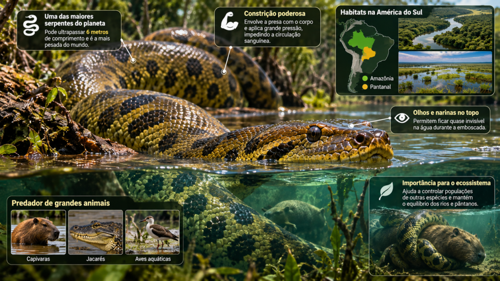 Sucuri-verde gigante pode ultrapassar 6 metros e impressiona pela força de um corpo musculoso capaz de dominar grandes presas