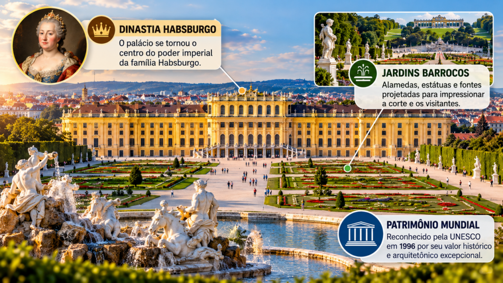 Construído no século XVII, o Palácio de Schönbrunn atravessou o auge e o declínio do Império Habsburgo, deixou de servir como residência de verão da família imperial austríaca e permanece como um dos complexos históricos mais visitados da Europa, com jardins monumentais e ambientes que revelam o cotidiano da antiga corte
