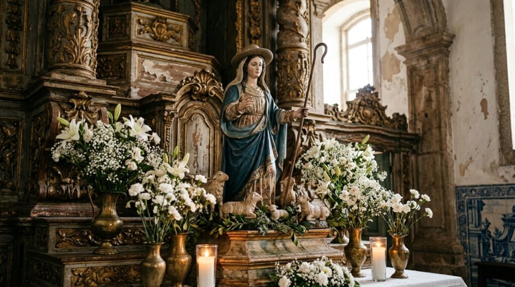 Imagem sacra de Nossa Senhora Divina Pastora com vestes pastorais, cajado e ovelhas aos pés, exposta em altar de igreja católica decorado com flores brancas. - Imagem ilustrativa criada por inteligência artificial