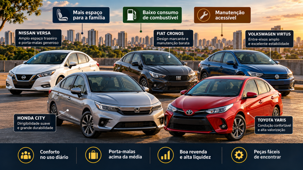Cinco sedãs compactos que podem surpreender no Brasil: City, Versa, Cronos, Virtus e Yaris combinam economia, conforto, manutenção simples e boa procura no mercado de usados