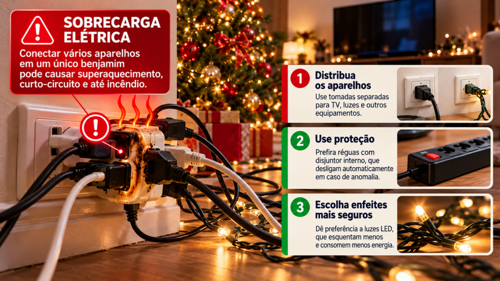 Moradora monta a árvore de Natal ao lado da TV e descobre por que eletricistas não recomendam ligar tudo no mesmo benjamim