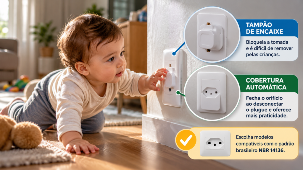 Pais colocam protetores nas tomadas da casa para evitar acidentes com crianças pequenas e descobrem quais modelos oferecem proteção mais adequada sem dificultar o uso seguro dos pontos elétricos