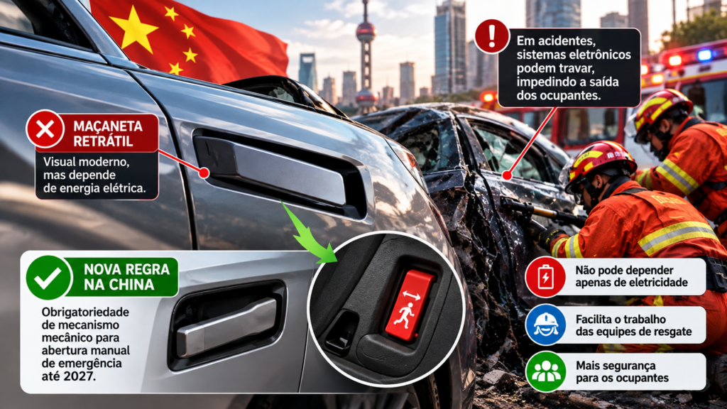 Carros terão que mudar um detalhe que parecia futurista: novas regras exigem maçanetas com abertura mecânica para evitar que passageiros fiquem presos após acidentes