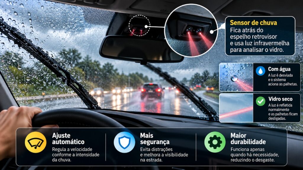 O pequeno dispositivo instalado no para-brisa de alguns veículos que consegue detectar chuva e acionar os limpadores automaticamente sem intervenção do motorista