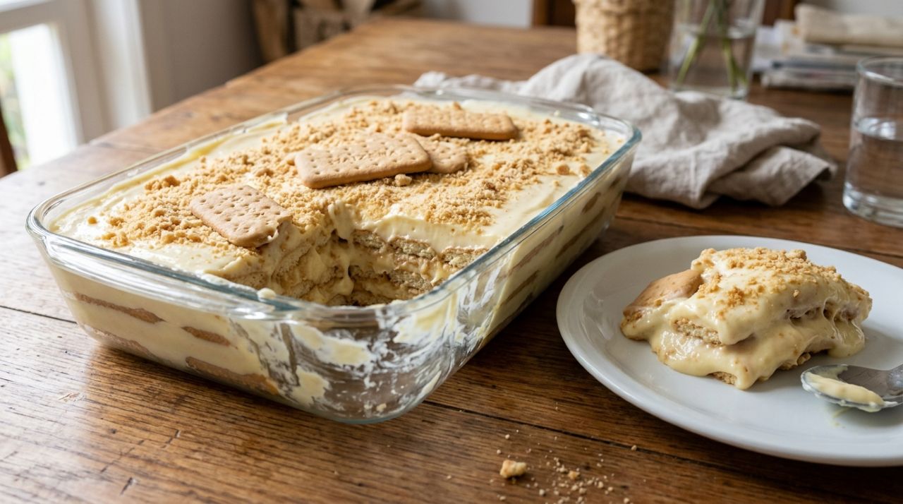 Nem forno, nem banho-maria: a sobremesa de bolacha maisena com creme de baunilha que ficapronta com uma montagem simples na travessa