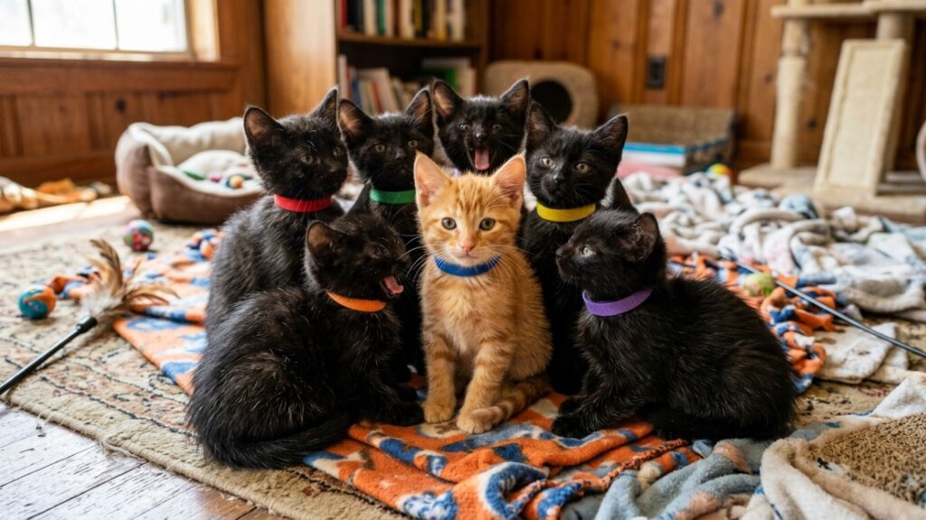 Seis gatinhos pretos, quase idênticos, foram encontrados em uma casa ao lado de um irmão laranja, e distinguir cada um virou um desafio tão fofo quanto curioso