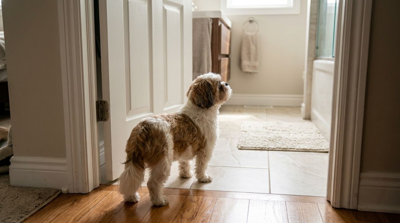 Veterinário explica: o cachorro que acompanha o tutor até o banheiro pode não estar apenas querendo companhia, mas seguindo um hábito ligado à proximidade e à rotina