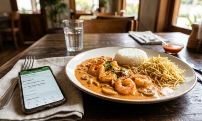 Prato de estrogonofe com camarões ao lado de celular exibindo pedido de estrogonofe de frango por aplicativo de delivery. - Imagem ilustrativa criada por inteligência artificial