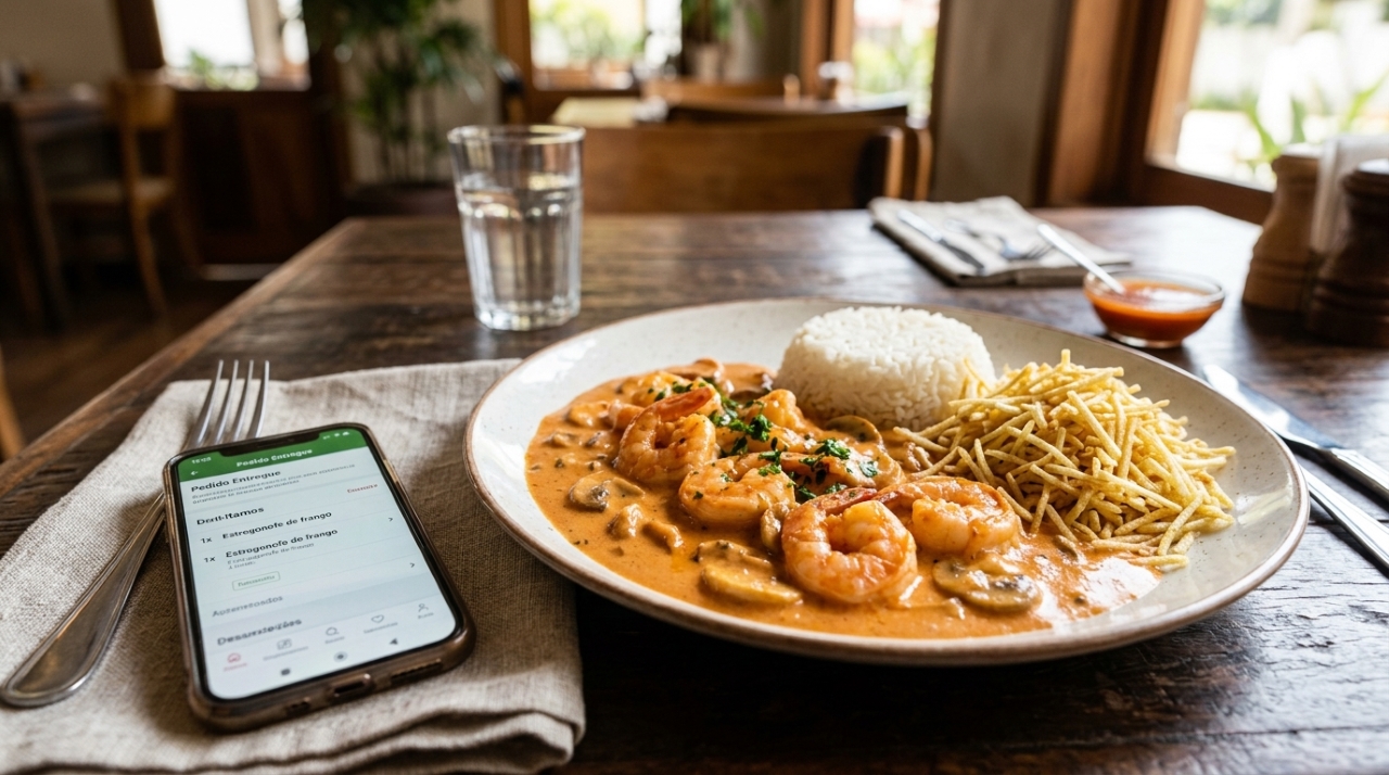 Prato de estrogonofe com camarões ao lado de celular exibindo pedido de estrogonofe de frango por aplicativo de delivery. - Imagem ilustrativa criada por inteligência artificial
