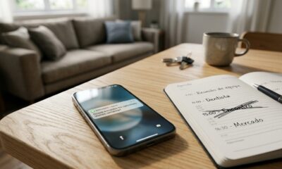 Celular com mensagem de compromisso cancelado sobre mesa de madeira, ao lado de uma agenda cheia de compromissos, em ambiente residencial iluminado. - Imagem ilustrativa criada por inteligência artificial