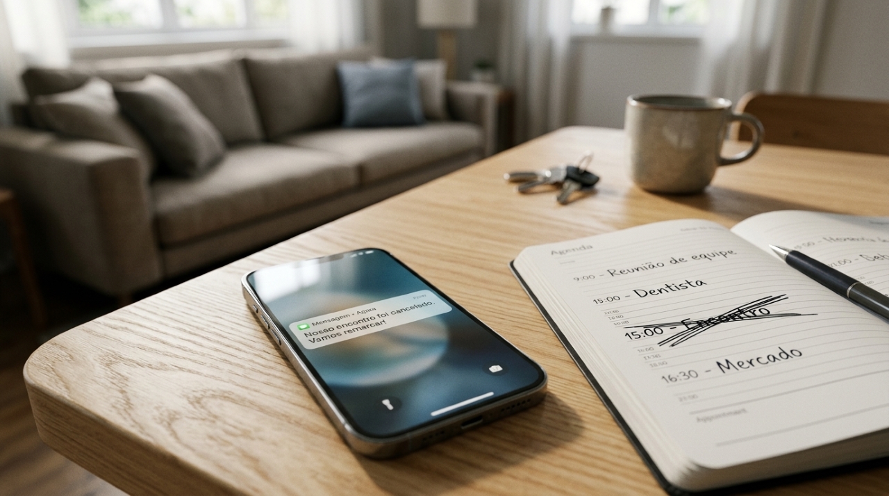 Celular com mensagem de compromisso cancelado sobre mesa de madeira, ao lado de uma agenda cheia de compromissos, em ambiente residencial iluminado. - Imagem ilustrativa criada por inteligência artificial