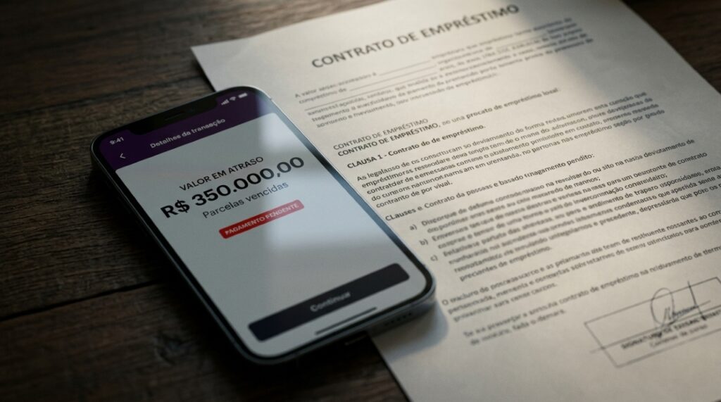 Celular sobre mesa de madeira exibe cobrança de empréstimo de R$ 350 mil, com parcelas vencidas e contrato bancário ao lado. - Imagem ilustrativa criada por inteligência artificial