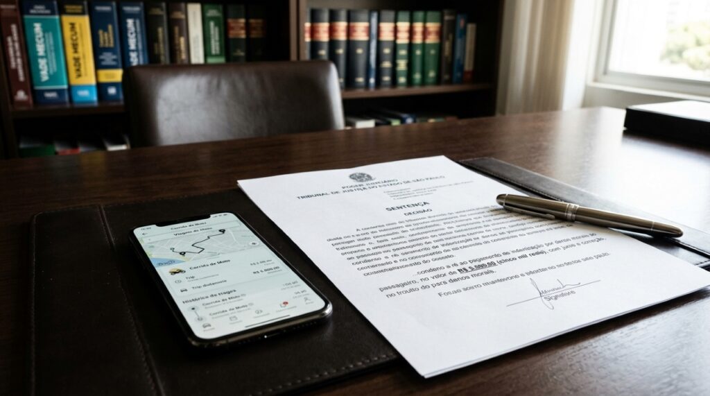 Celular com registro de corrida por aplicativo ao lado de documento judicial que destaca indenização de R$ 5 mil por danos morais. - Imagem ilustrativa criada por inteligência artificial