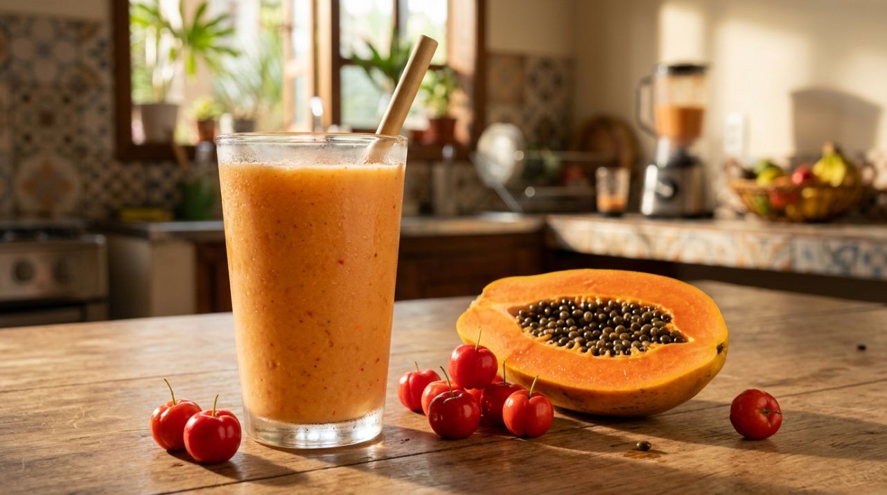 Acerola e mamão no liquidificador: para que serve essa mistura e por que ela pode ajudar a aumentar o consumo de vitamina C e fibras no café da manhã