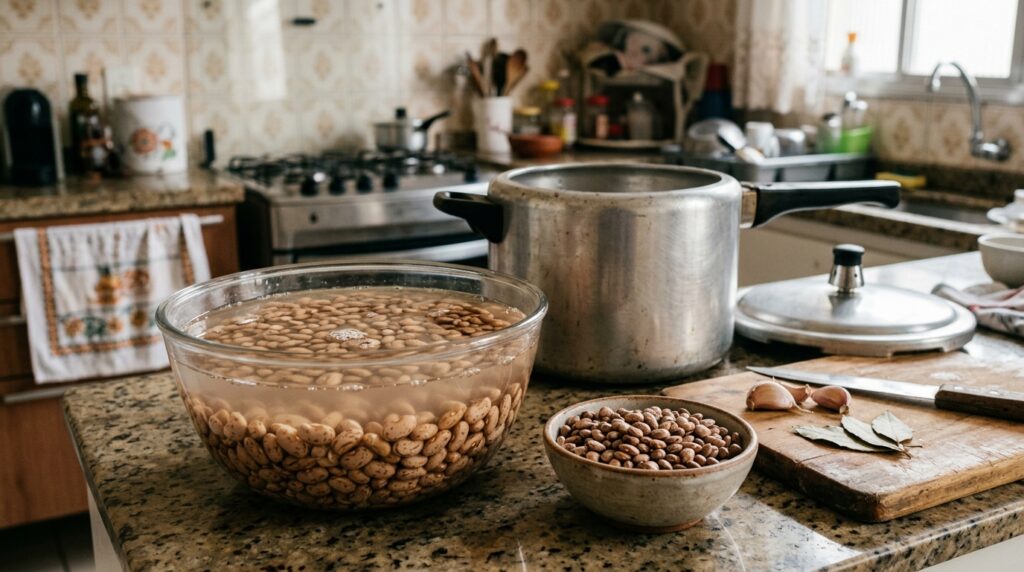 Cozinheiros experientes afirmam: para o feijão cozinhar por igual na pressão, não coloque direto na panela, mas deixe de molho por pelo menos 8 horas e cozinhe cerca de 25 minutos depois que pegar pressão