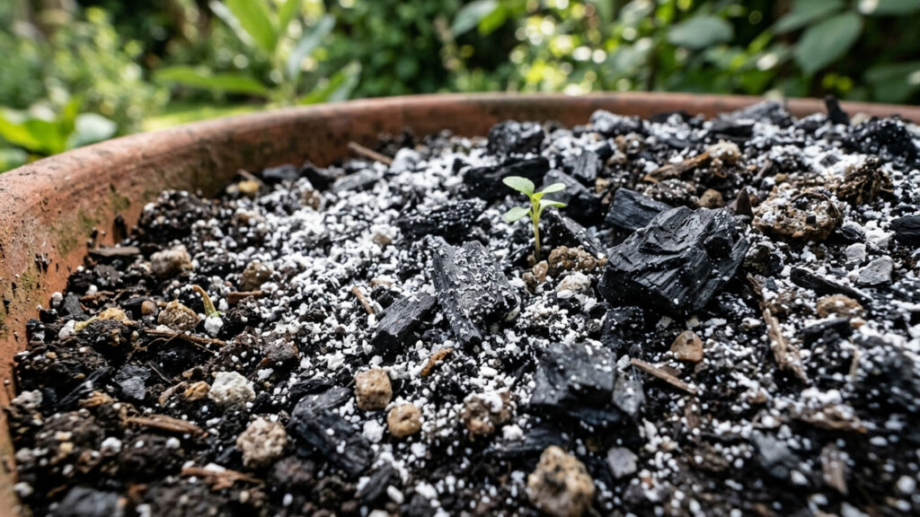 Mistura de terra de diatomáceas com pó de carvão: o truque simples no topo do vaso que cria uma barreira física dupla contra pragas rastejantes
