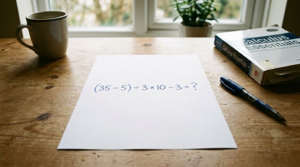Sem calculadora, prove que ainda lembra da matemática básica: (35 – 5) ÷ 3 × 10 – 3