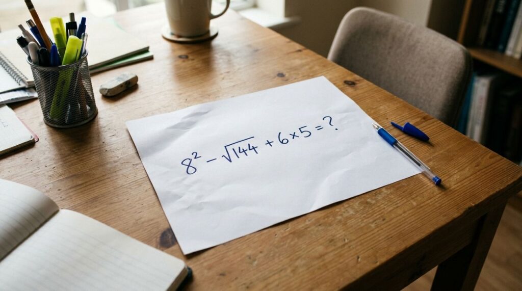 A expressão 8² − √144 + 6 × 5 parece fácil, mas só chega ao resultado certo quem respeita a ordem das operações