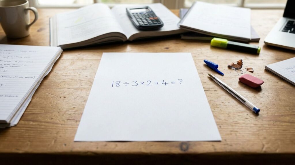 Você tem 15 segundos para resolver esta conta sem calculadora: 18 ÷ 3 × 2 + 4