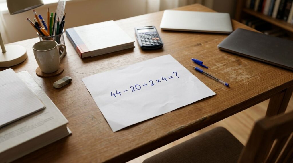 Quem estudou matemática na escola deveria resolver: 44 − 20 ÷ 2 × 4