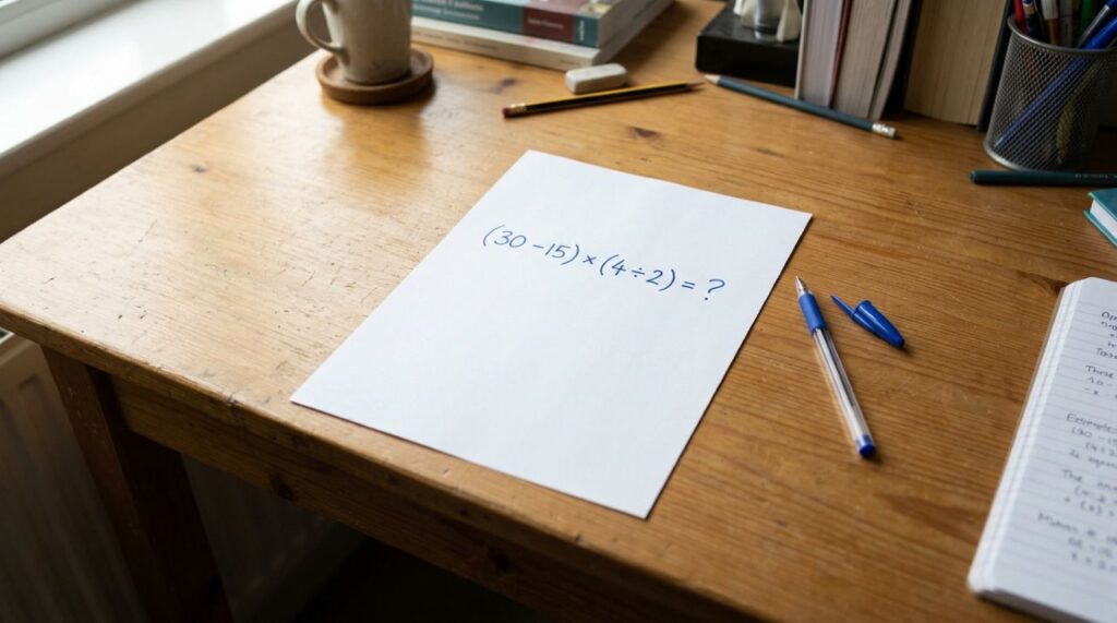 Se você lembra das aulas de matemática, resolva: (30 −15) × (4 ÷ 2)