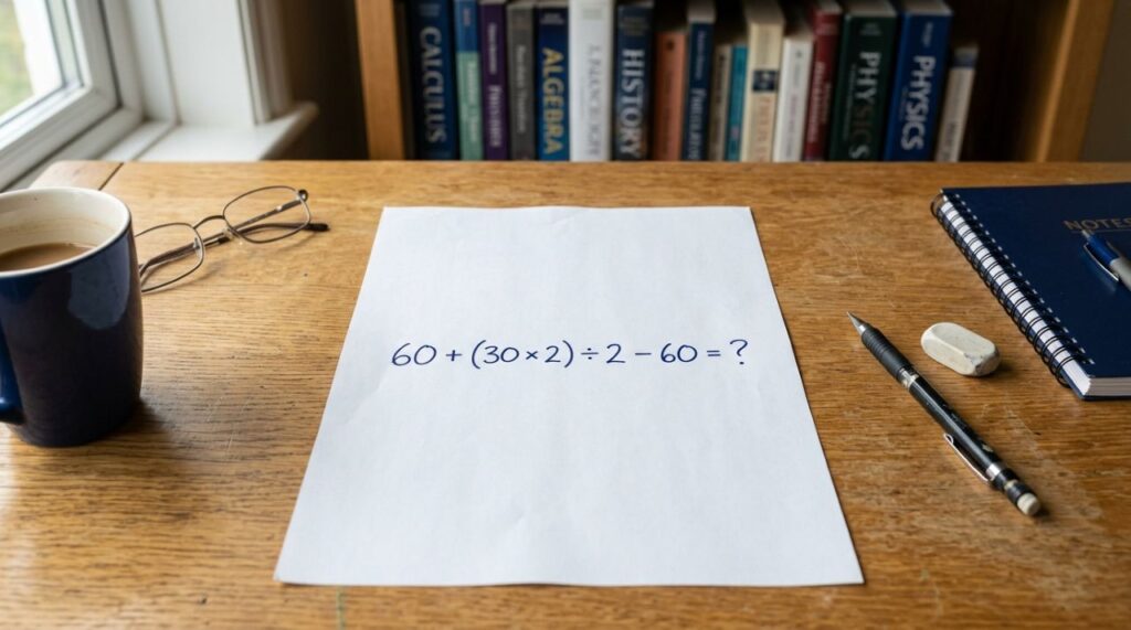Você consegue resolver 60 + (30 × 2) ÷ 2 − 60 em apenas 9 segundos sem cair na armadilha da conta?