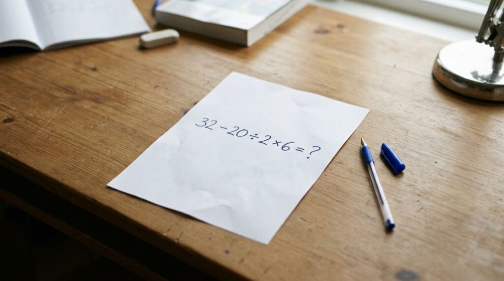 Quem estudou matemática na escola deveria resolver: 32 − 20 ÷ 2 × 6