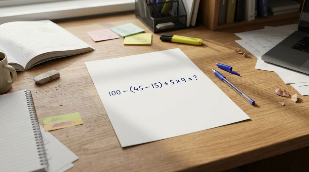 Parece impossível errar esta conta, mas um detalhe muda tudo: 100 − (45 − 15) ÷ 5 × 9