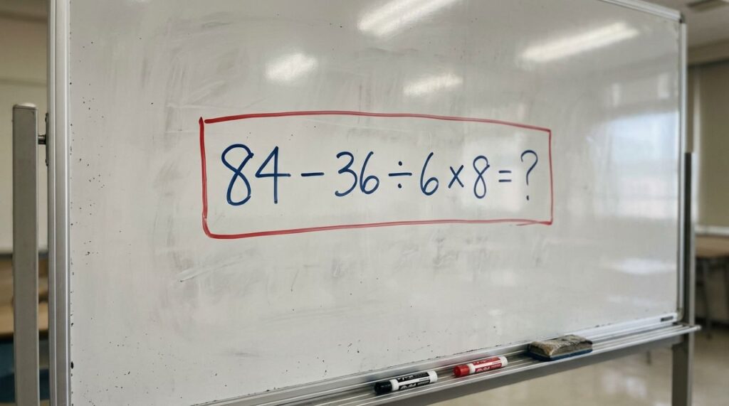 Quem passou pela escola antes dos anos 2000 deveria resolver esta conta sem calculadora: 84 − 36 ÷ 6 × 8